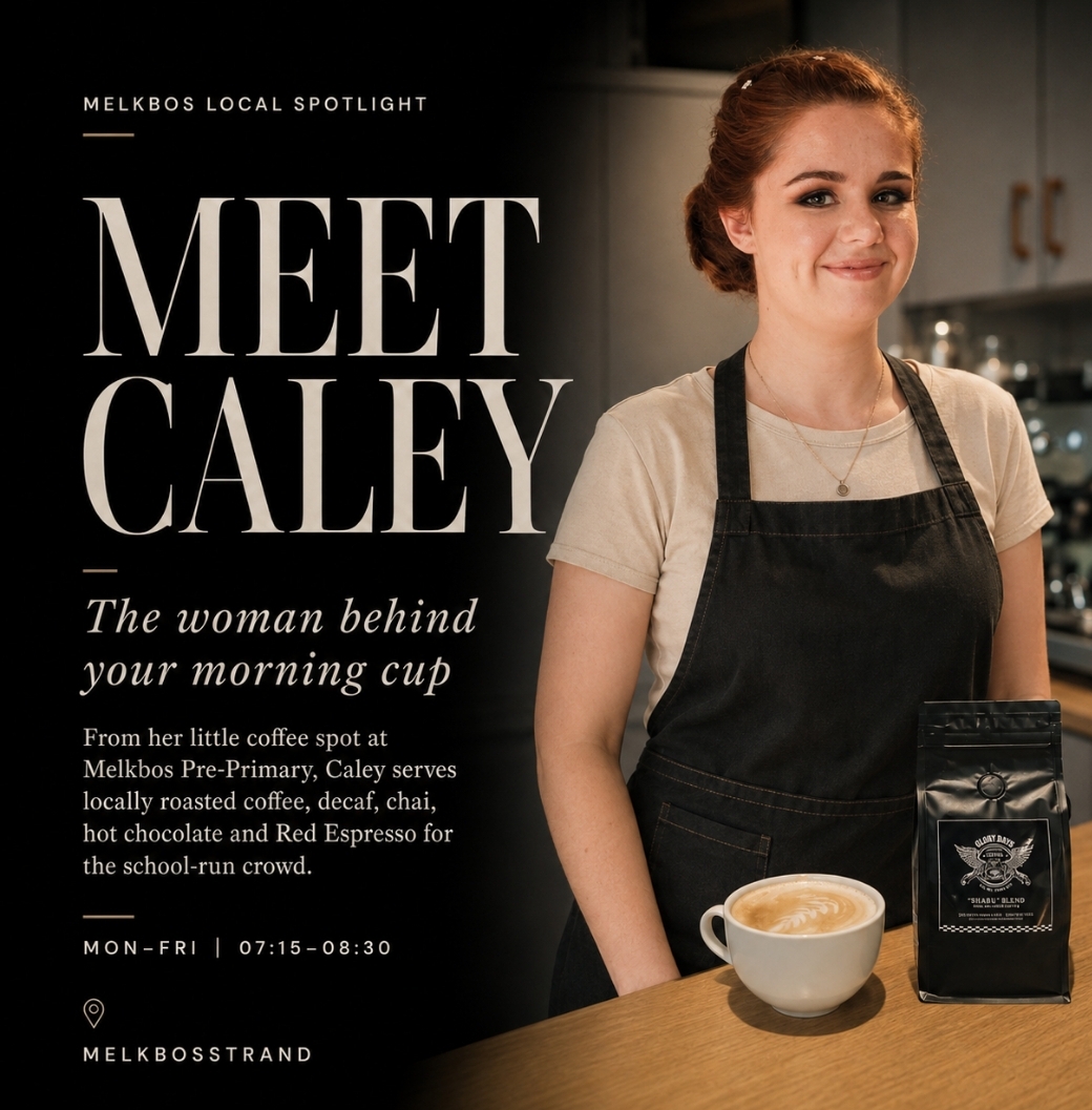 Caley of Glory Days Coffee with a cappuccino and coffee bag
